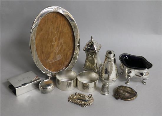 Mixed items including silver condiments, silver photograph frame, silver pill box etc.